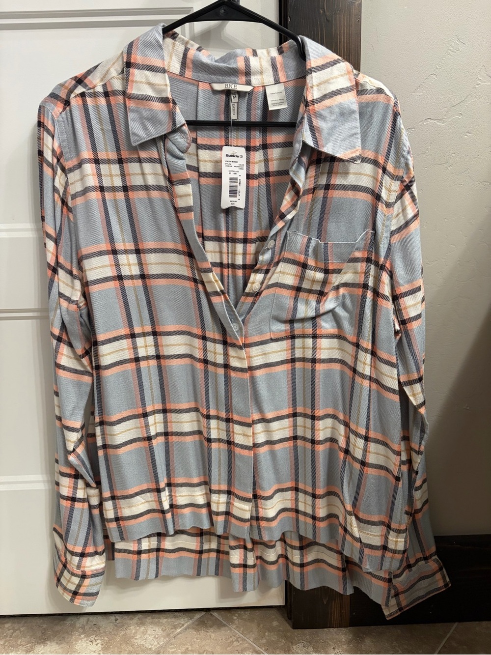 BKE Light Blue and Peach Plaid Button-Down Shirt